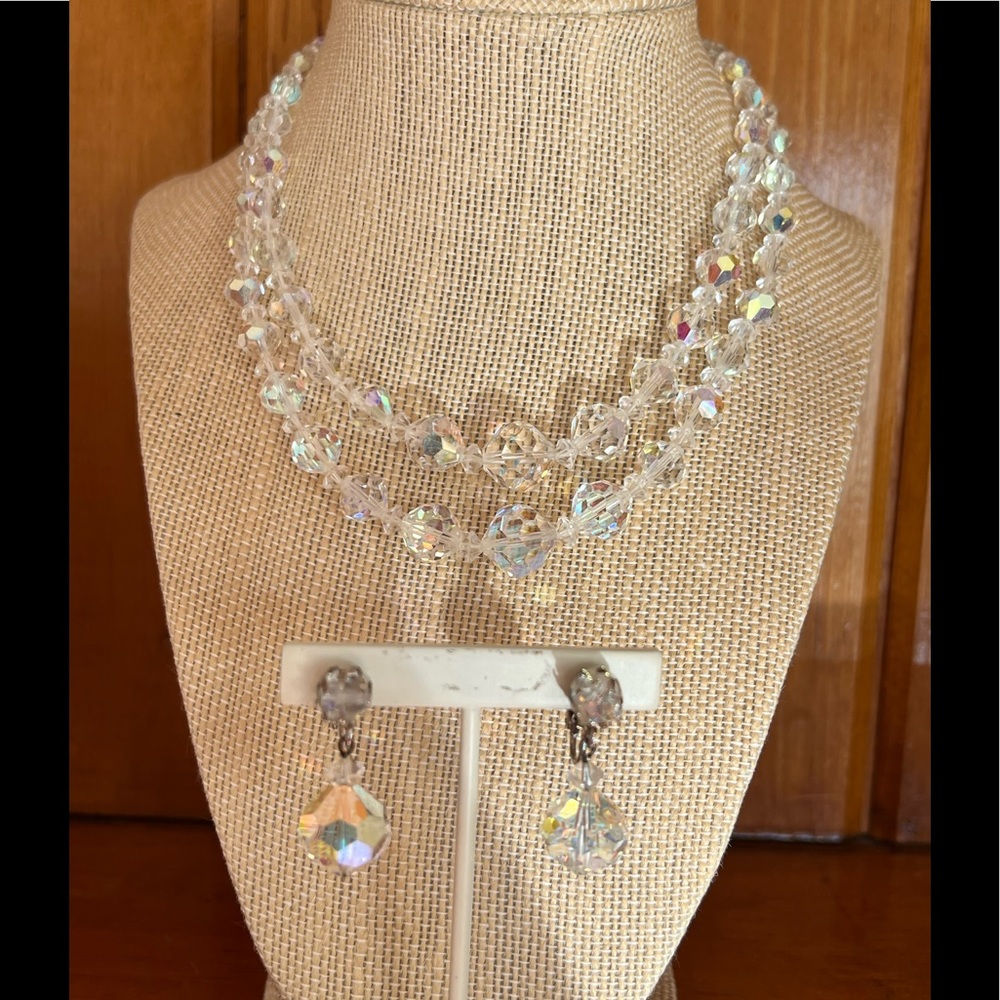 Vintage Aurora Borealis Double strand necklace & clip on Earrings Set Sparkly!!